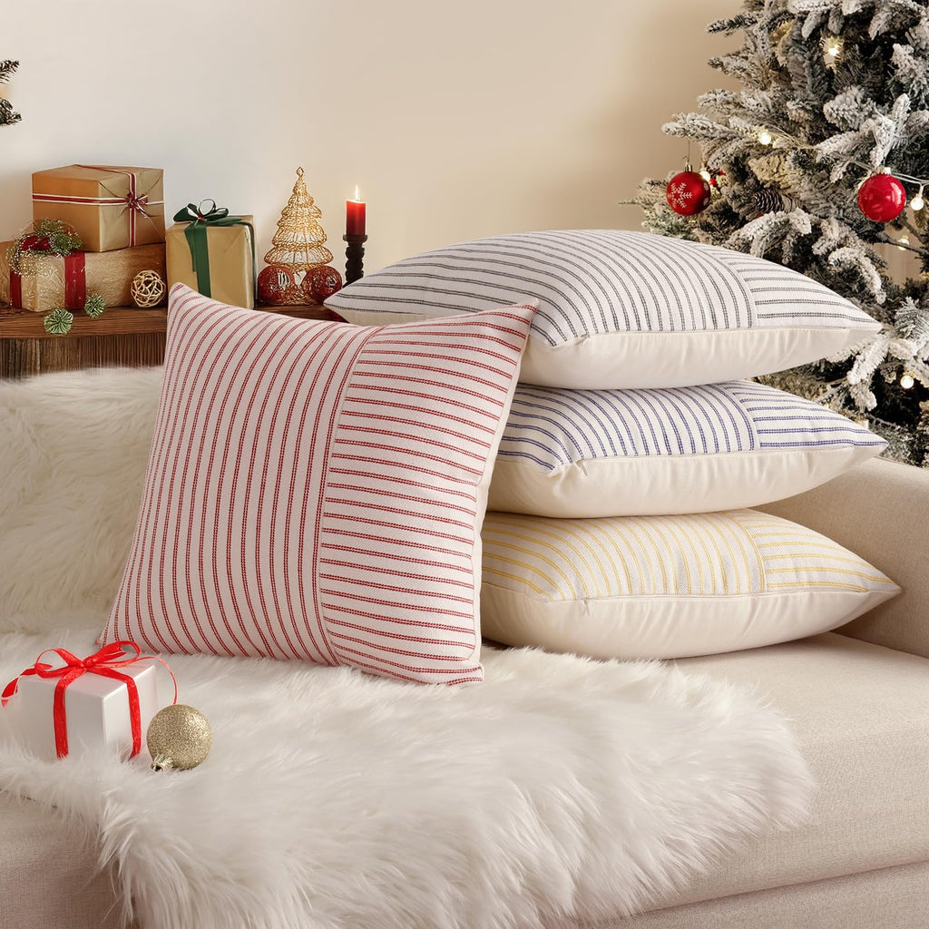 Christmas Pillow Covers 20x20, Boho Throw Pillow Covers Set of 2, Red and Cream Striped Linen Decorative Pillows