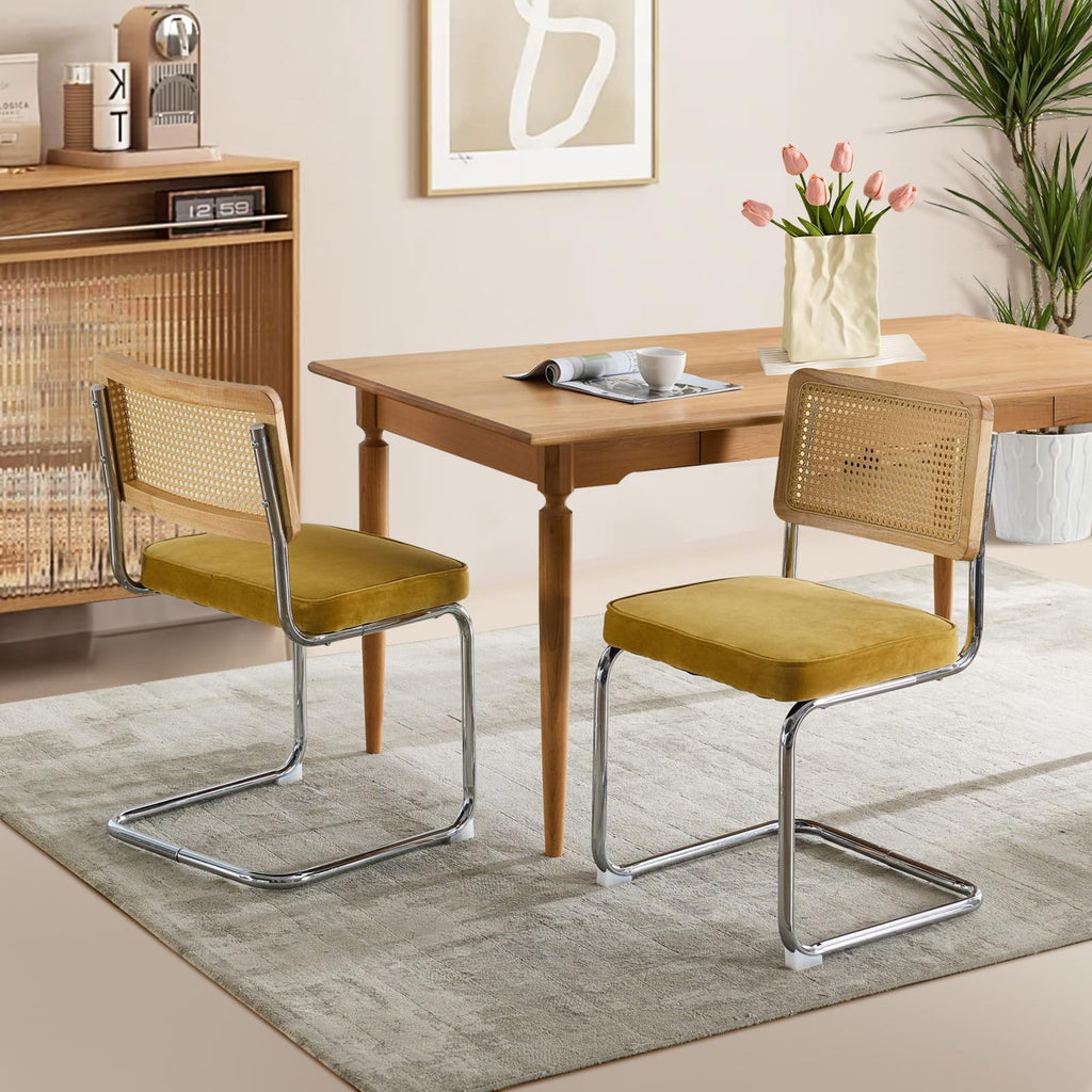 Rattan Dining Chairs Set of 4, Upholstered Mid-Century Modern Dining Room Chairs with Cane Backrest, Retro Velvet