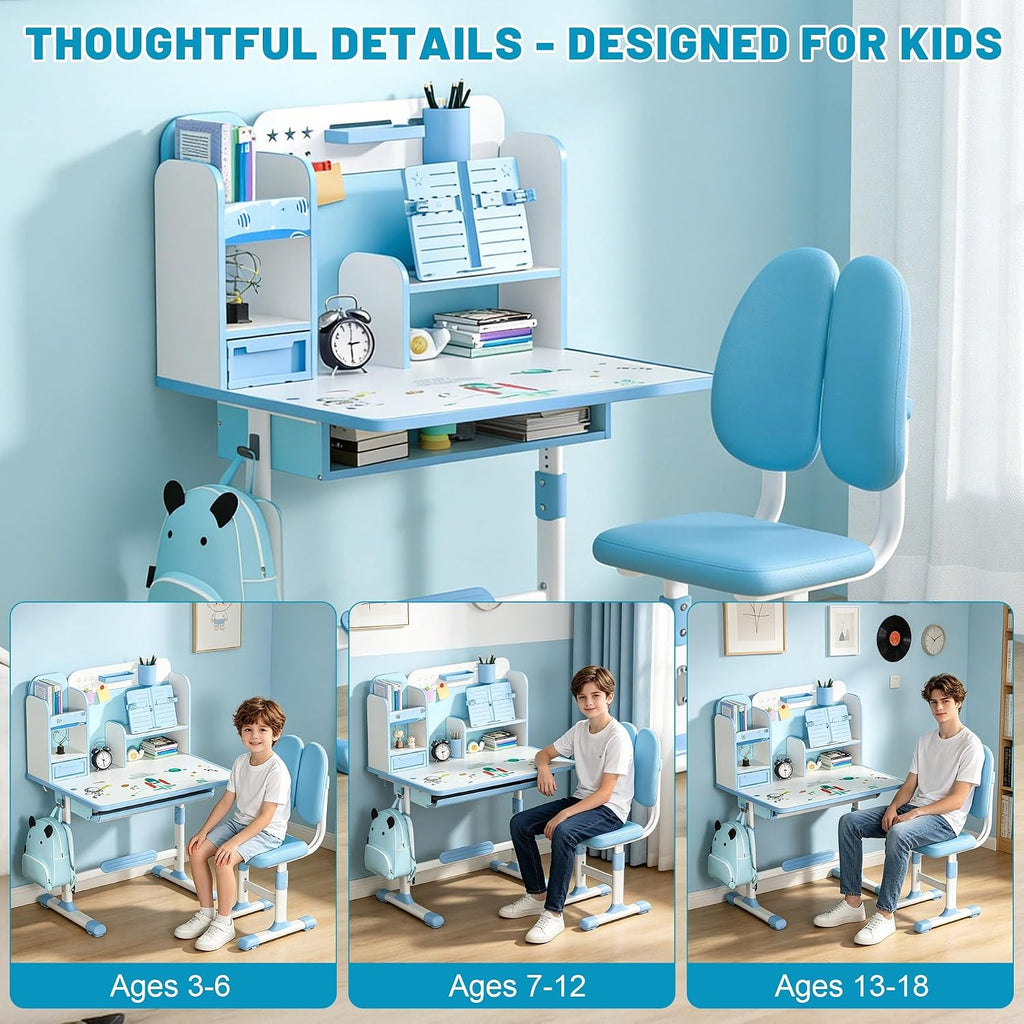Kids Study Desk and Chair Set, Height Adjustable Kids Table with Drawer