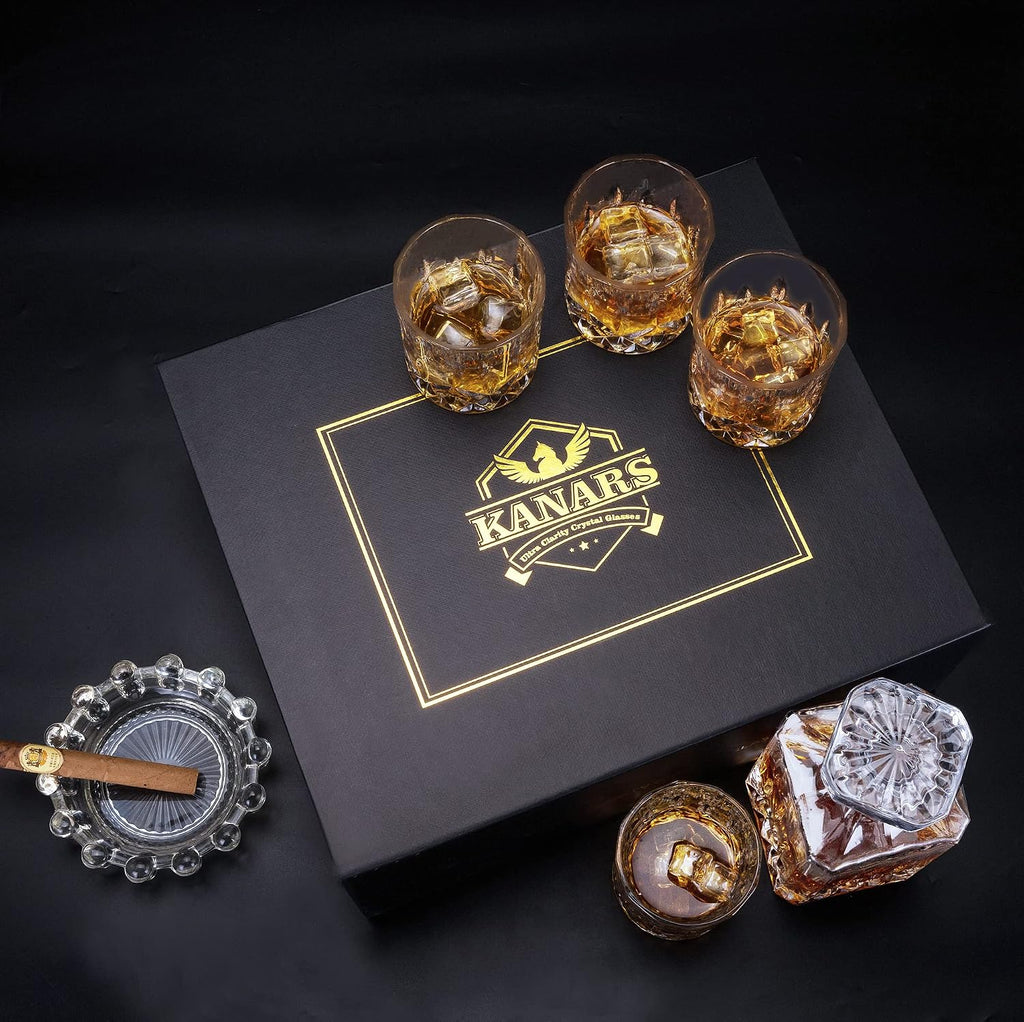 Whiskey Decanter And Glasses Set in Unique Gift Box - Original Crystal Liquor Decanter Set For Bourbon, Scotch - Set of 5