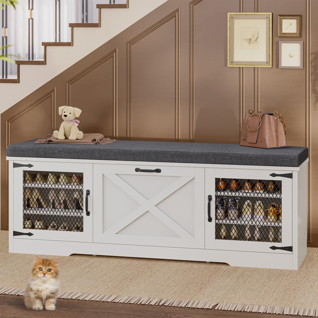 Farmhouse Storage Bench with Flip Drawers & Padded Seat Cushion, Half Hidden Shoe Rack Organizer, Adjustable Shelf