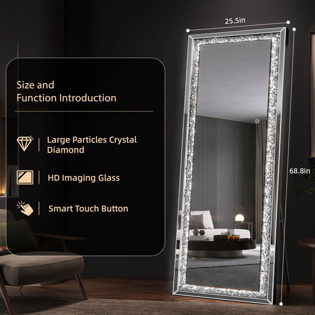69"×26" Full-Length Mirror with Lights - Crystal Crush Diamond Wall Mounted Hanging Diamond Mirror Leaning Bedroom