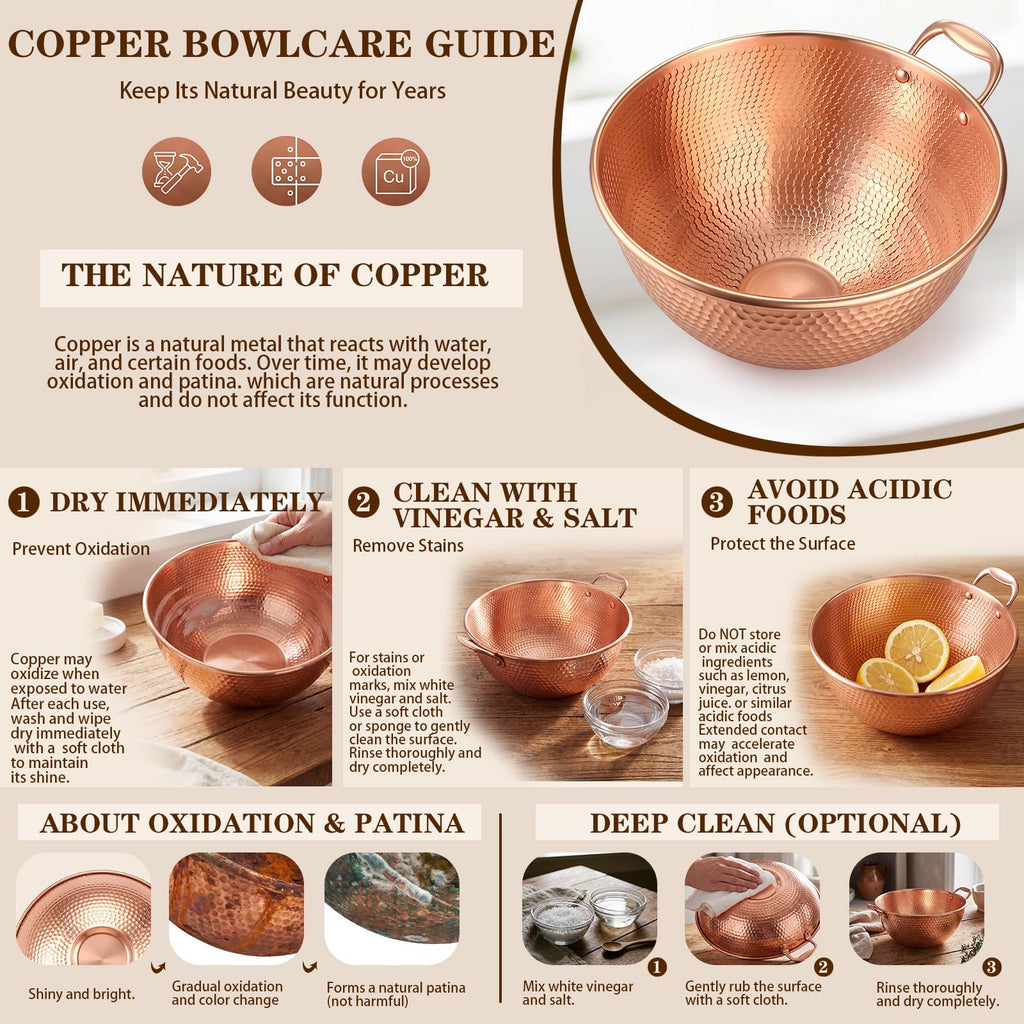 5 Qt Large Hammered Pure Copper Mixing Bowl with Handle
