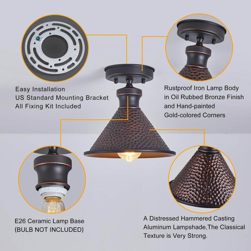 9.2" Industrial Semi Flush Mount Ceiling Light, Vintage Hammered Pattern Cast Aluminum Shade, 1-Light E26 Classic