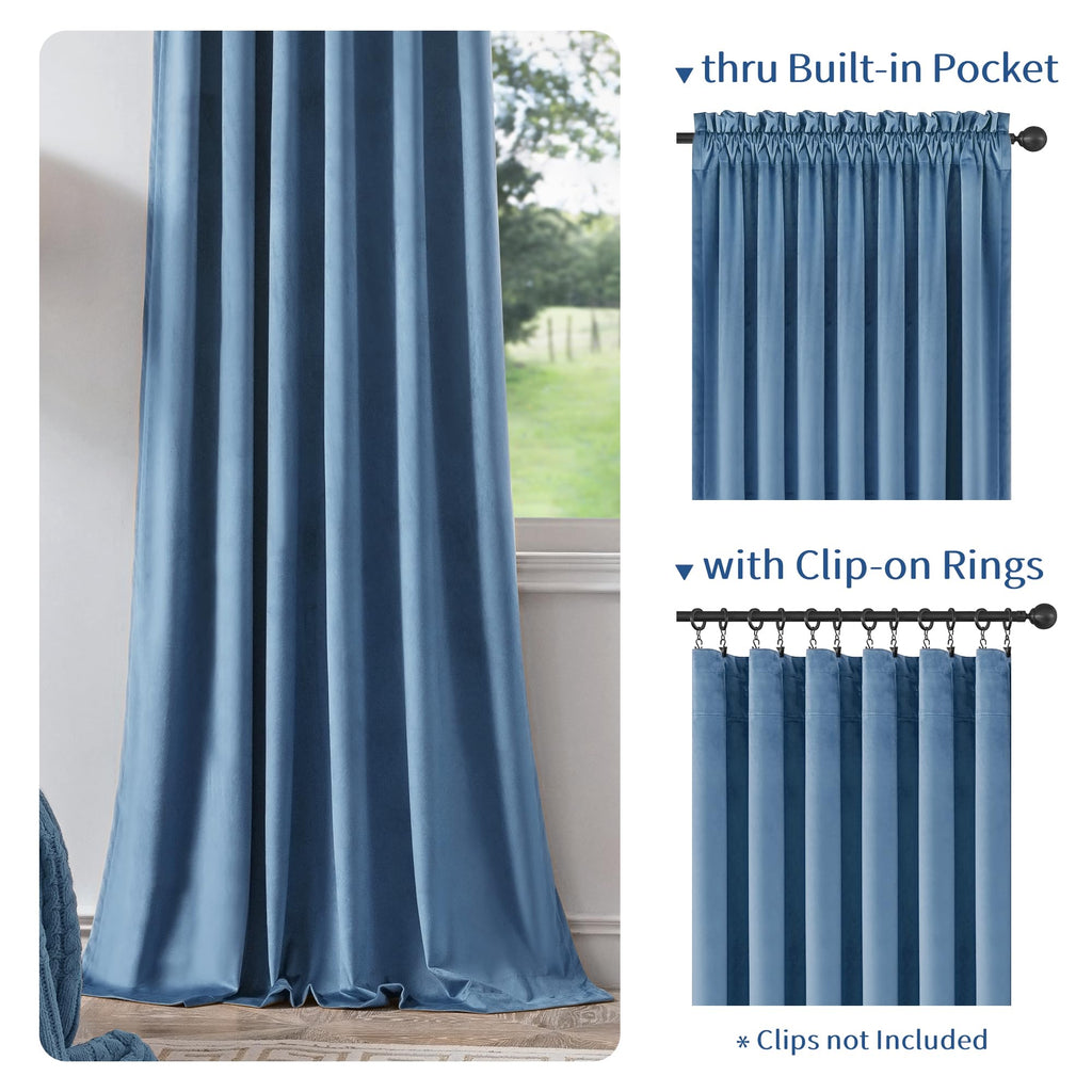 Velvet Blackout Curtains Blue Thermal Insulated Curtains Living Room Darkening Curtains 108 Inches Long Soft Luxury