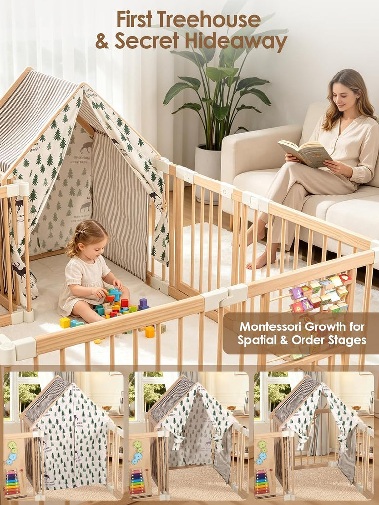 Large Wooden Baby Playpen with Locking Gate for Babies and Toddlers | Foldable Play Yard, Extra Large, Unique