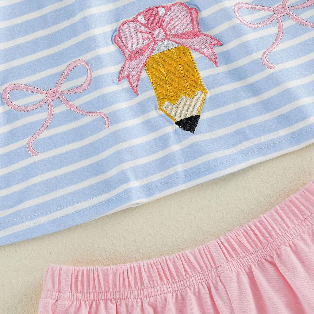 Toddler Girls Back to School Pencil Embroidered Ruffle Shorts Set