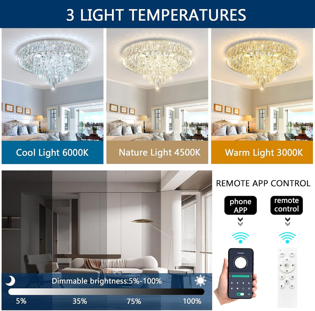 Modern Crystal Chandeliers for Dining Room LED Light Fixture Close to Ceiling Chandelier Flush Mount Ceiling Light