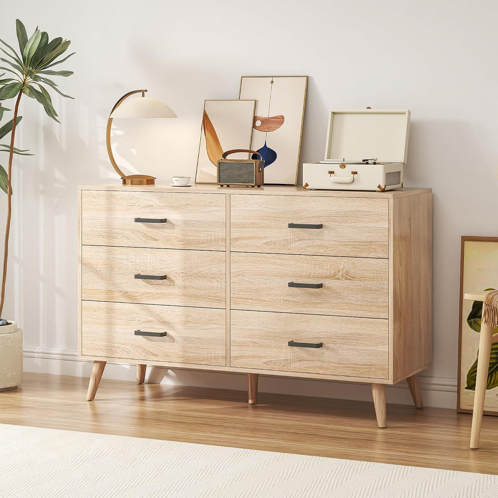 Wood Dresser , 6 Drawer Dresser with Metal Handles, Mid Century Modern Chest of Drawer Large Storage Organizer