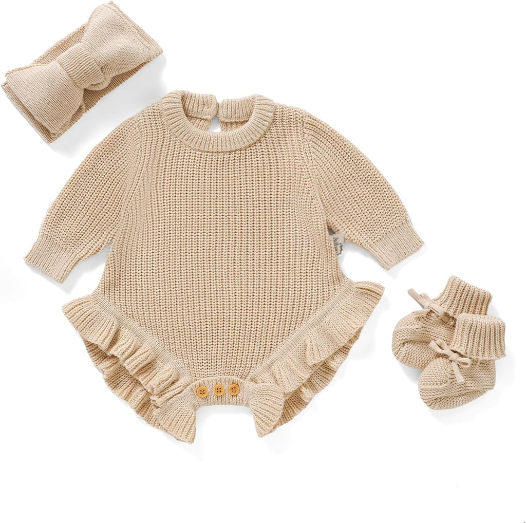 Cotton Newborn Set with Knit Sweater, Hair Band, Booties, Baby Girls