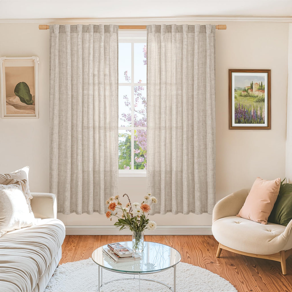 Linen Curtains 72 Inch Length 2 Panels, Rod Pocket Textured Semi Sheer Window Drapes Light Filtering Farmhouse