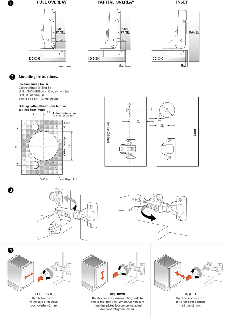 Full Overlay European Soft Close Cabinet Hinges Cabinets (10 Pcs) -105° Frameless Concealed Cabinet Door Hinge -5 Way