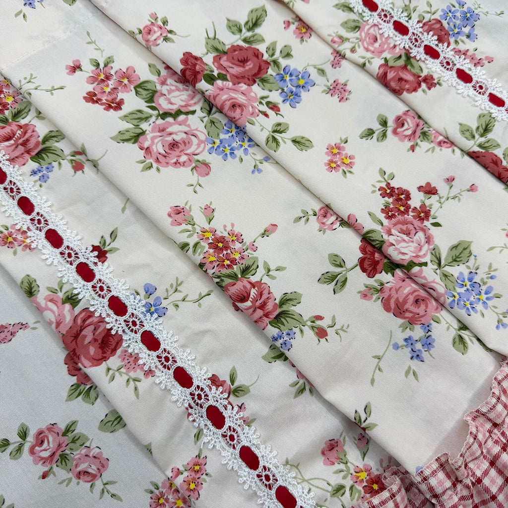 Country Rose Floral Valance Curtain Tie Up Gingham Ruffled Swag Rod Pocket