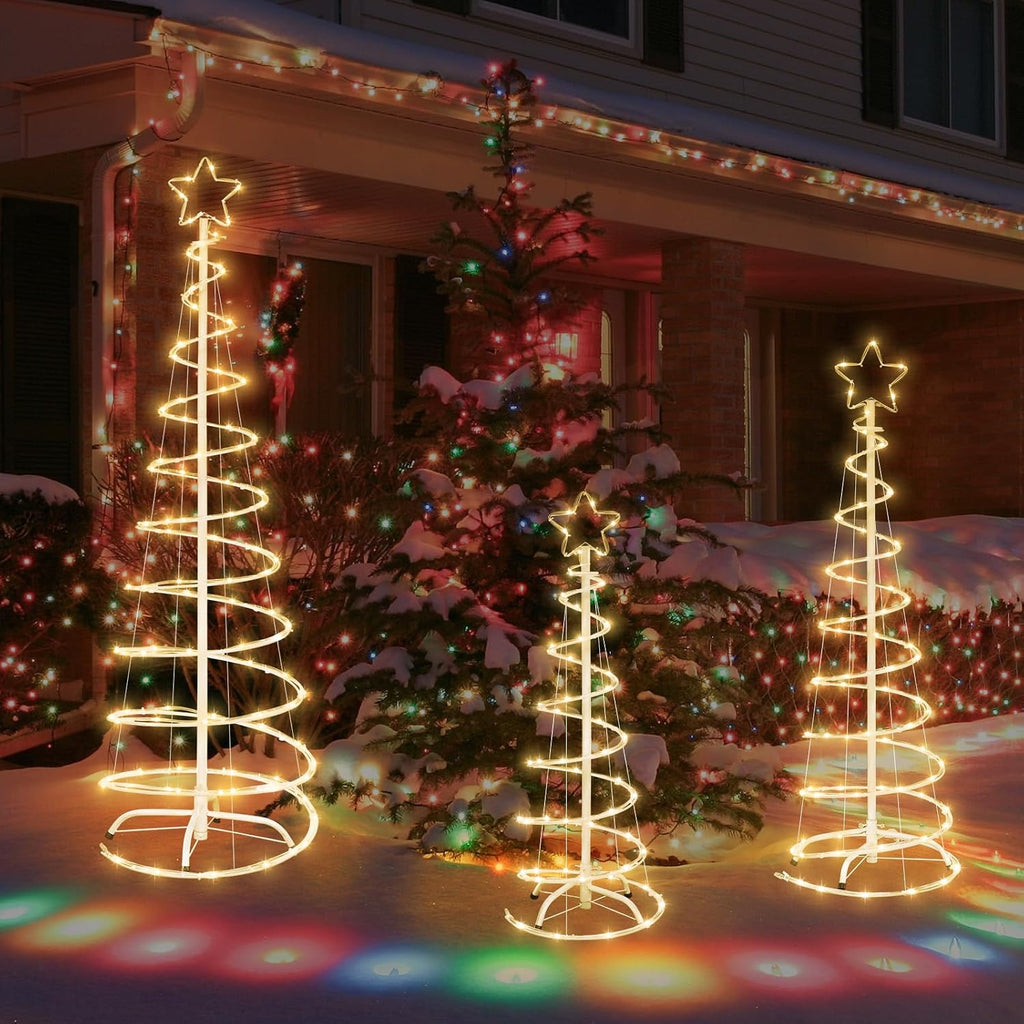 3 Packs Christmas Spiral Tree with Lights, 3/4/5 FT Lighted Xmas Collapsible Tree with Metal Stakes for Indoor &