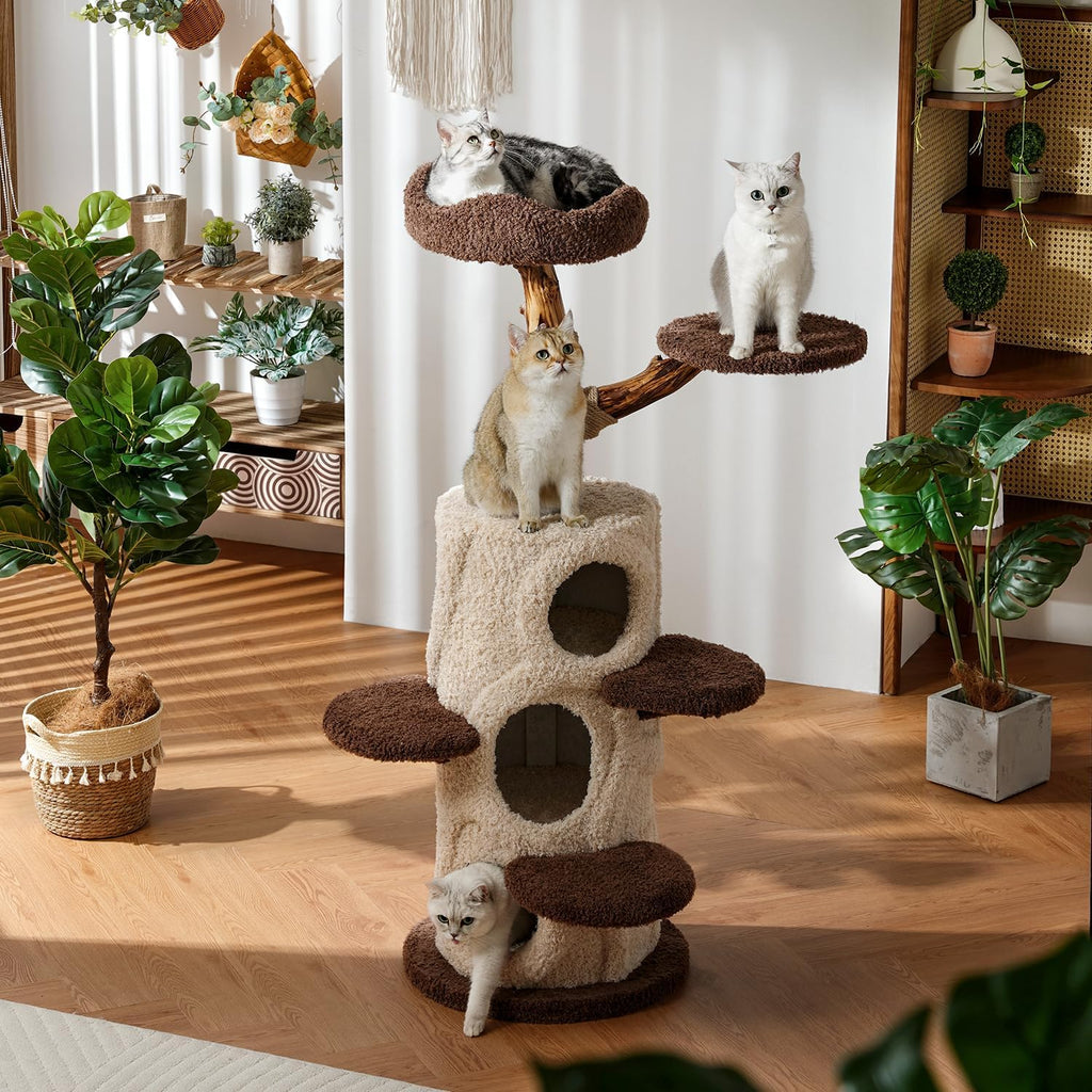 54.7'' Tall Modern Wood Cat Tree with 3 Level House, Luxury Cat Tower Decoration, Large Cat Condo for Multi-Cat