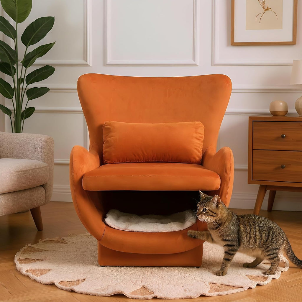 Mid Century Modern Velvet Accent Chair with Cat House, Upholstered Lounge Chair, Pet Friendly Chair, Single Reading