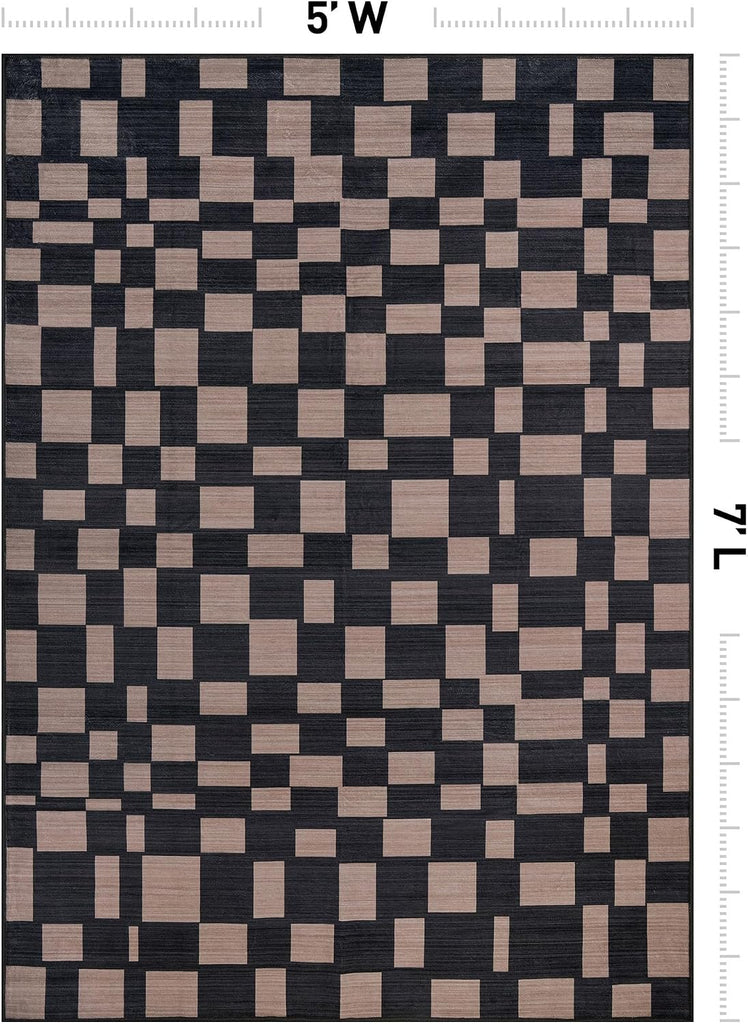 Checkered Machine Washable Non-Slip Area Rug, Dark Gray/Taupe