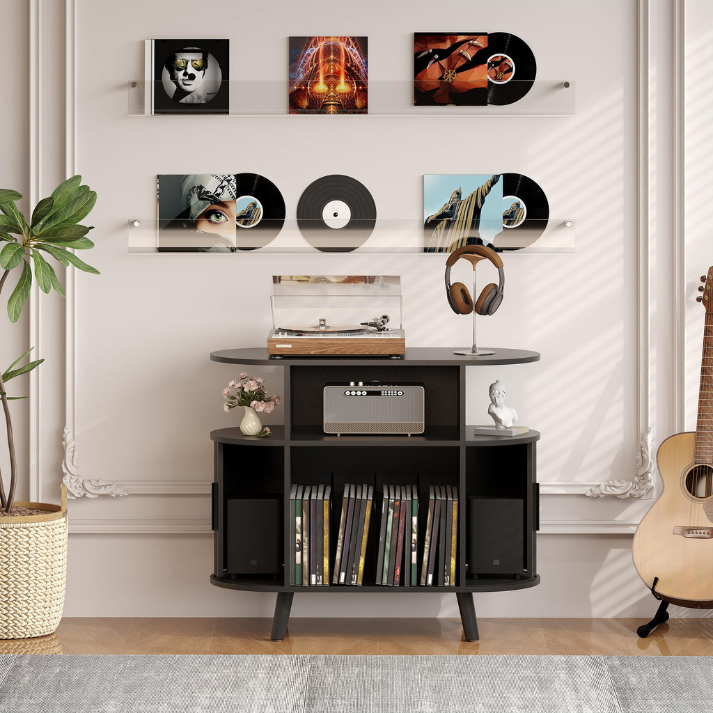 35'' Fluted Mid Century Modern Turntable Cabinet, Large Round Record Player Stand with Charging Station and Display