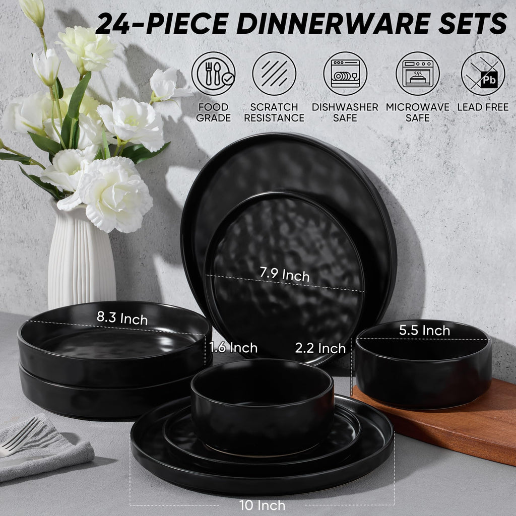 Black Plates and Bowls Sets, 24-Piece Stoneware Dinnerware Set for 6