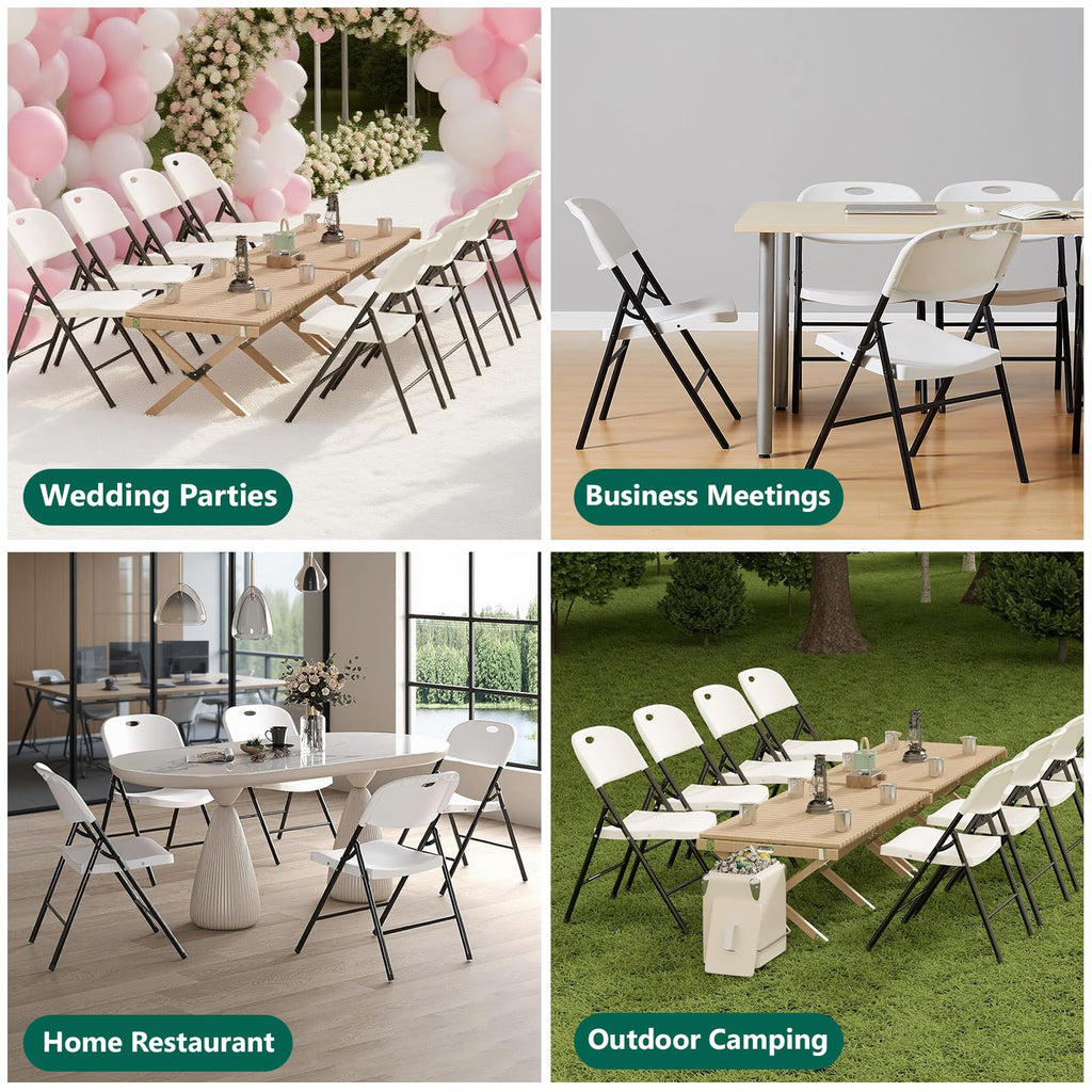 2 Pack White Folding Chair, Plastic Portable Stackable Commercial Seats with Steel Frame 350lb, Heavy Duty Foldable