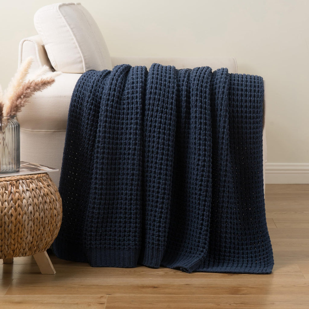 Navy Blue Throw Blanket for Couch, Chenille Knitted Blue Blanket 60''x80''