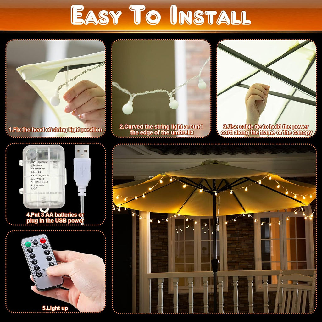 1 Pack 32 Feet Patio Umbrella Lights, 8 Lighting Modes LED String Lights with 64 Pcs Shatterproof Globe