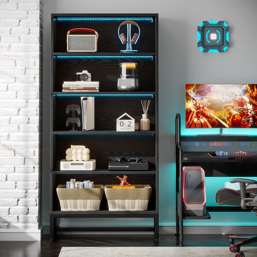 Tall Bookcase Black Bookshelf, 70.8” Large Bookcases Organizer with LED Lights