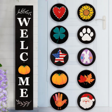 Welcome sign for front porch standing, 47 x 7.9 Inch Wooden Leaner Sign with 10 Interchangeable Designed Icons