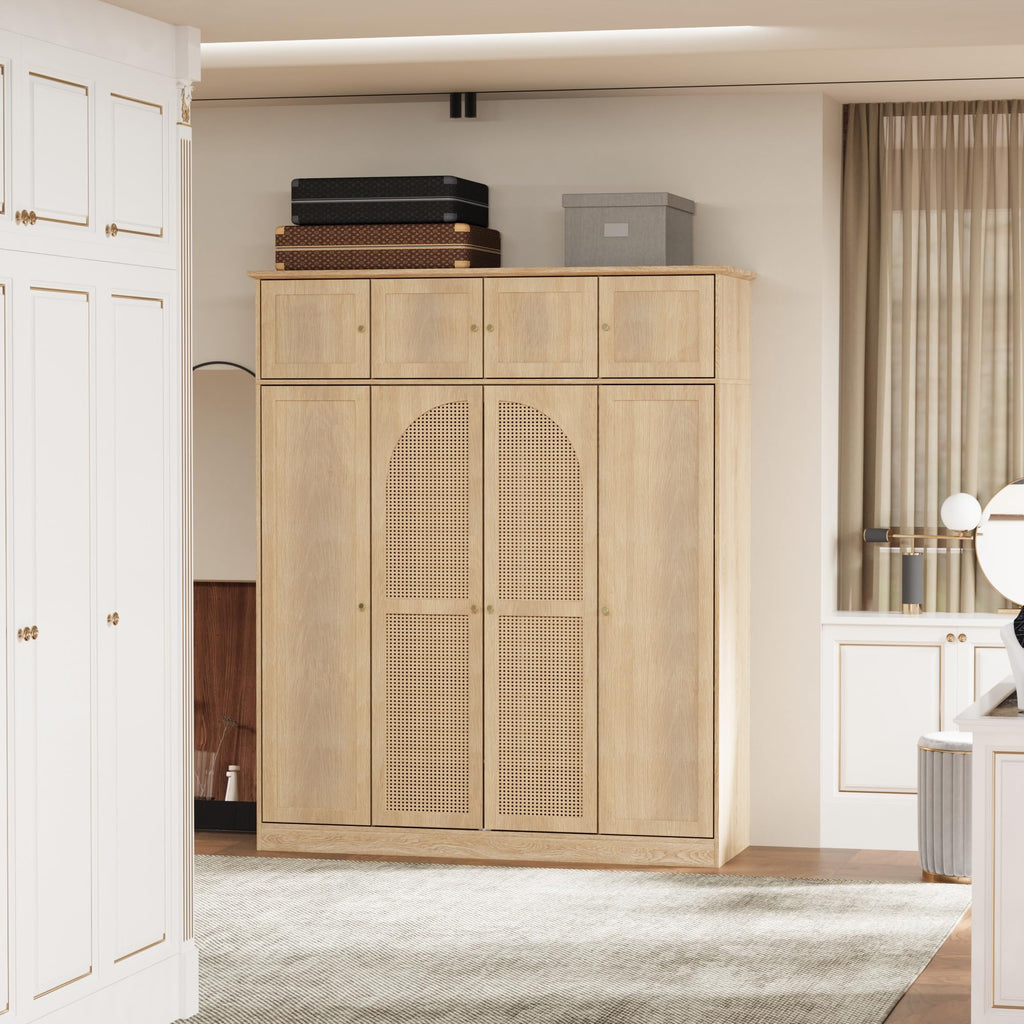 4 Doors Large Armoire Wardrobe Closet with Rattan Doors, 70.87" Tall Freestanding Wooden Closet Wardrobe Cabinet with