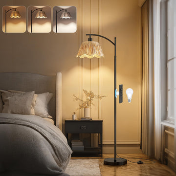 Arc Floor Lamp with 3 Color Temperatures, Rattan Boho Floor Lamp with Hand-Woven Wicker Shade, Farmhouse Floor Lamps