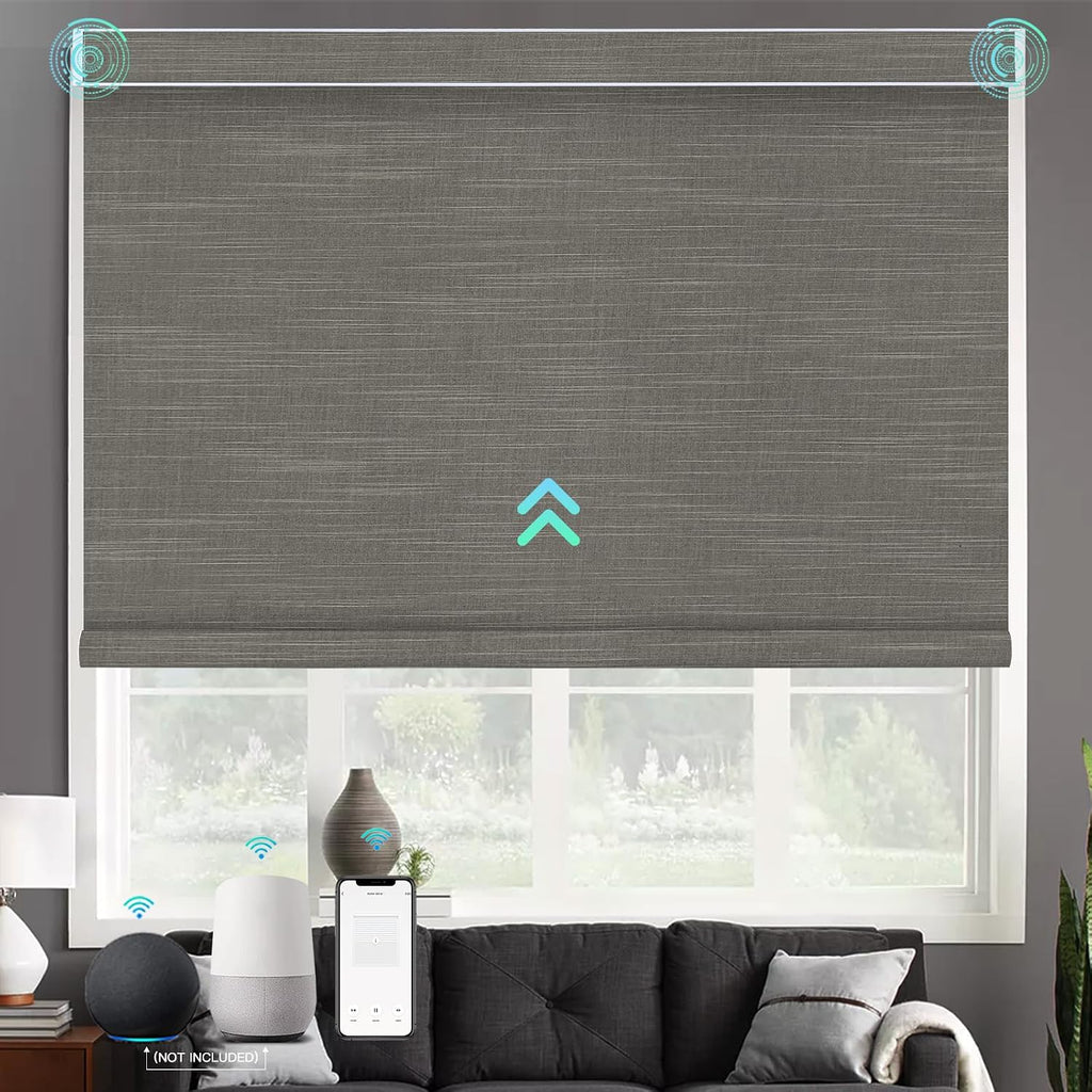 Motorized Roller Shades with Remote, Built-in Rechargeable S - 100% Fine Lines Brown Grey