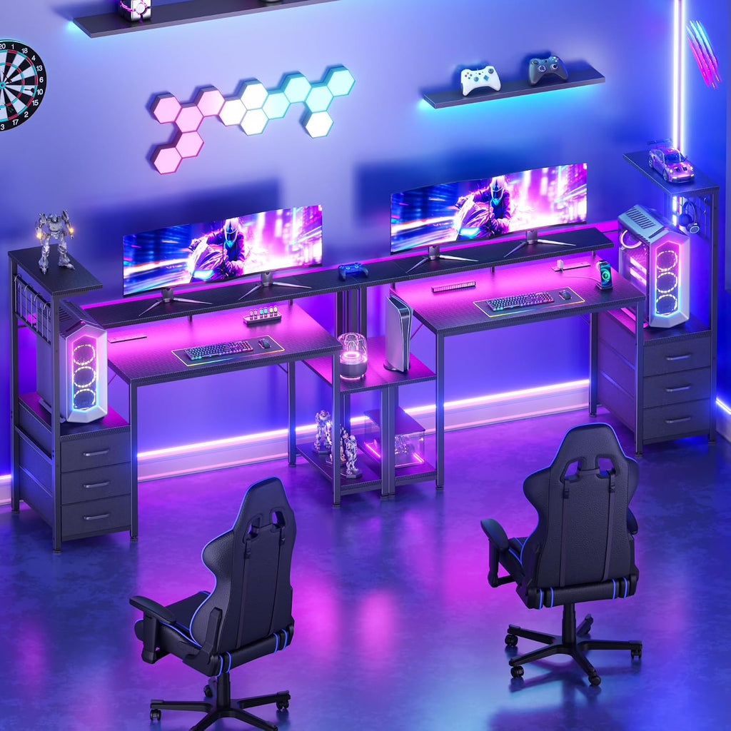 48" Gaming Desk with Power Outlet, LED, Drawers, Carbon Fiber Black | Reversible,Computer Desk, Gamer Table, with