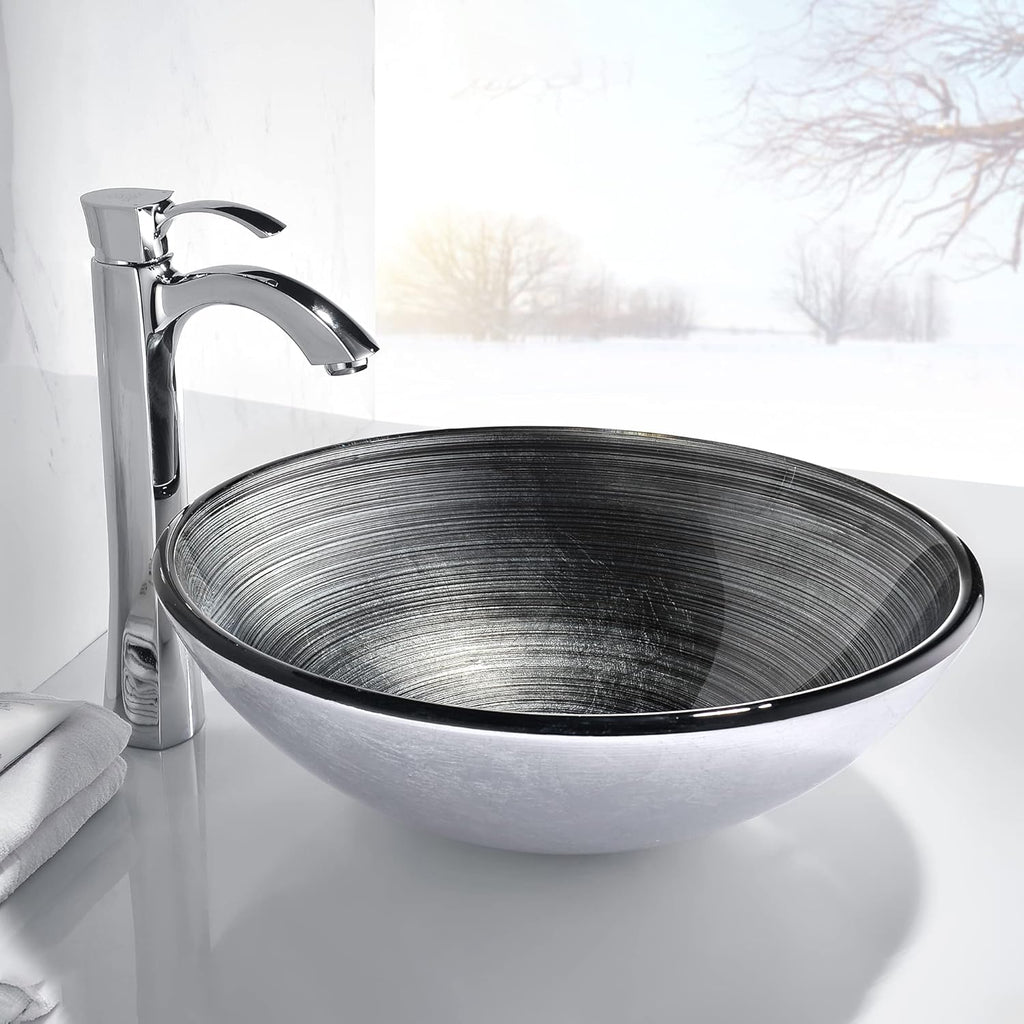 Stella Tempered Glass Vessel Bowl Sink in Preccious Storm | Dark Grey Charcoal Mount Bathroom Sinks Above