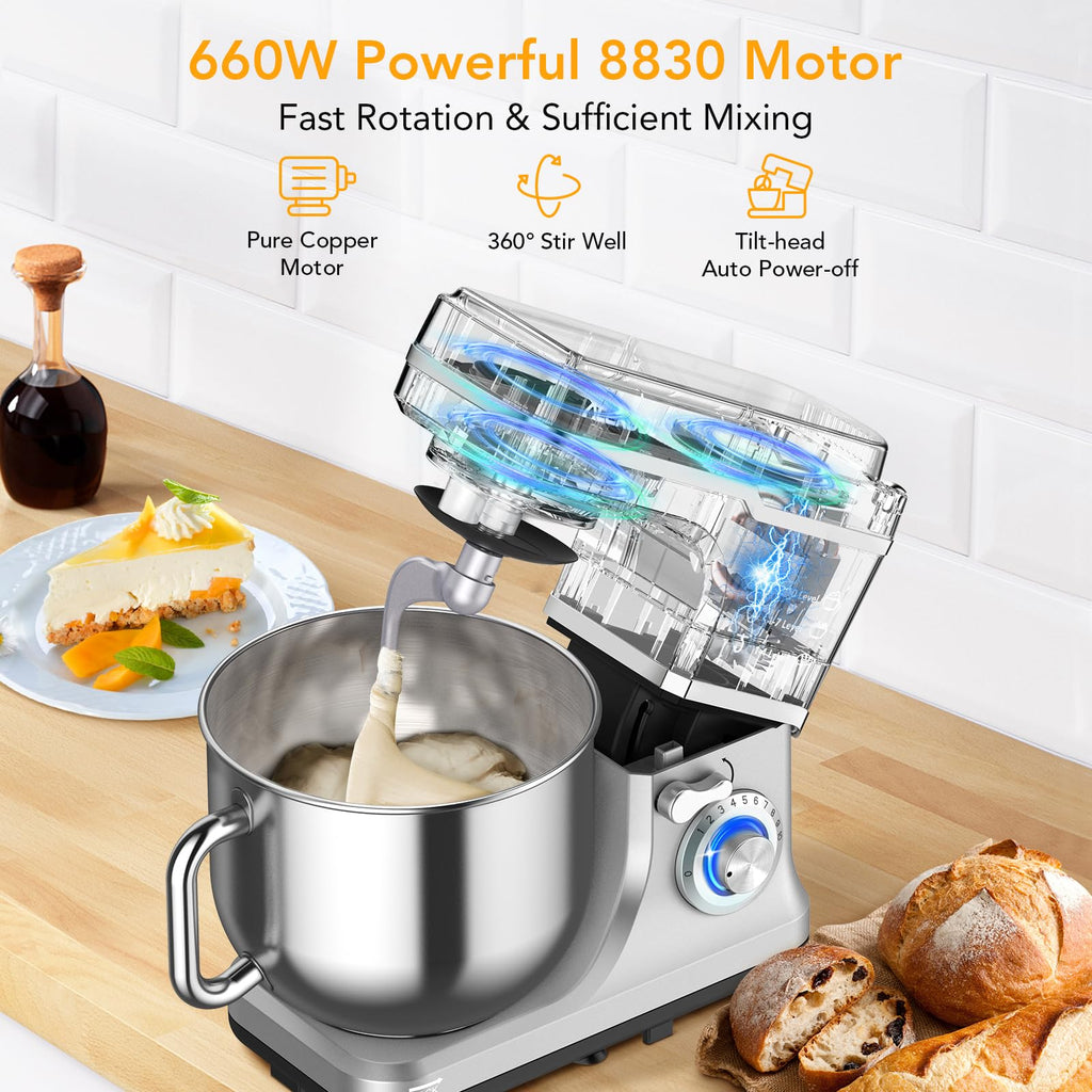Stand Mixer, 7.5QT 660W Electric Stand Mixer with 10-Speed Tilt-Head, Stainless Steel Bowl, 3-IN-1 Dough Mixer for
