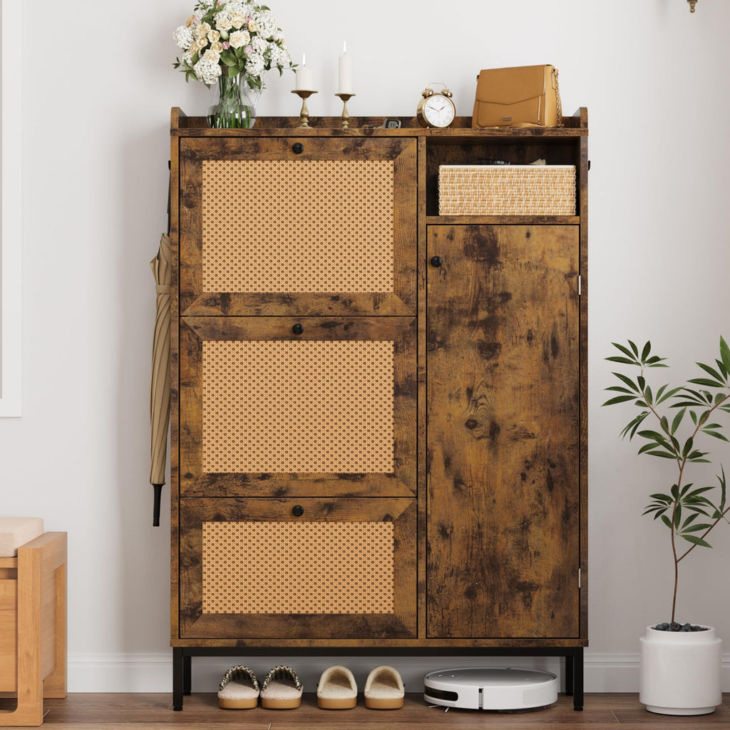 Shoe Cabinet Rattan with 3 Flip Drawers