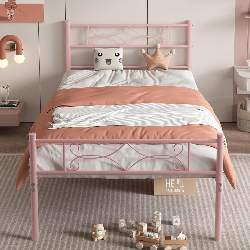 14" Twin Size Pink Metal Platform Bed Frame with Headboard for Kids,Premium Steel Slat Support/No Box Spring