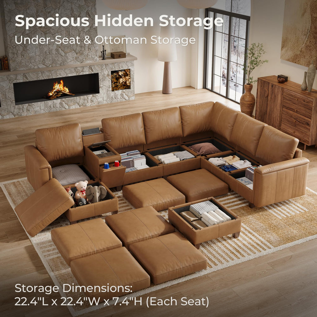 Faux Leather Sectional Sofa, 6 Seater V-Shaped Couch, Brown