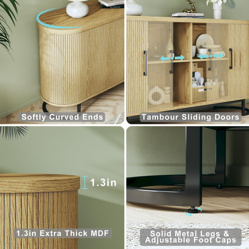Sideboard Buffet Cabinet with Storage, 54.3" Fluted Tambour, Adjustable Shelves, Mid Century Modern Console Kitchen