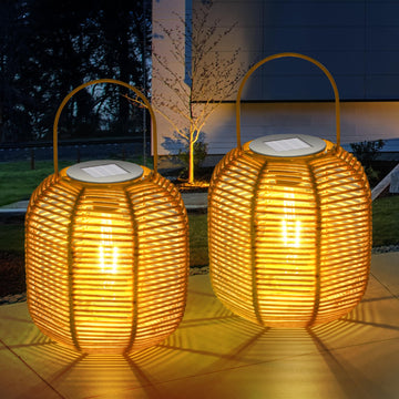 HPC Decor 2 PK Solar Lanterns-Outdoor Lanterns Waterproof, Rattan Solar Lights, Hanging Solar Lanterns Outdoor, Solar
