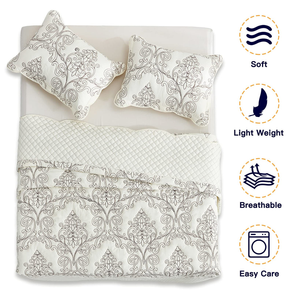 128x120 Extra Wide - Lightweight Bedding Cover - Beautiful Stitching - 5 Piece Reversible Bedspread - Luxury Damask