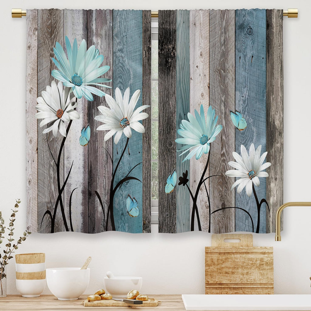 Teal Farmhouse Daisy Kitchen Curtains Wooden Flower Small Short Cafe Window Curtains Rustic Floral Butterfly Country