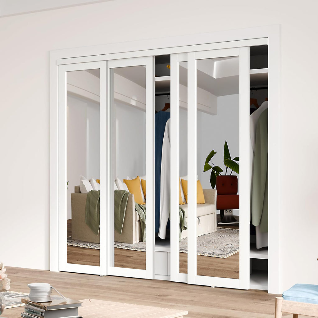 Double Sliding Closet Door, 96" x 80" (Double 48"), One Side Mirror, Complete Set with Hardware, Fin