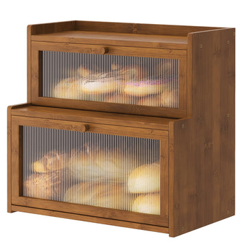 Double Layer Bamboo Counter,Bread Holder,Countertop Bread Storage with Window (Brown)
