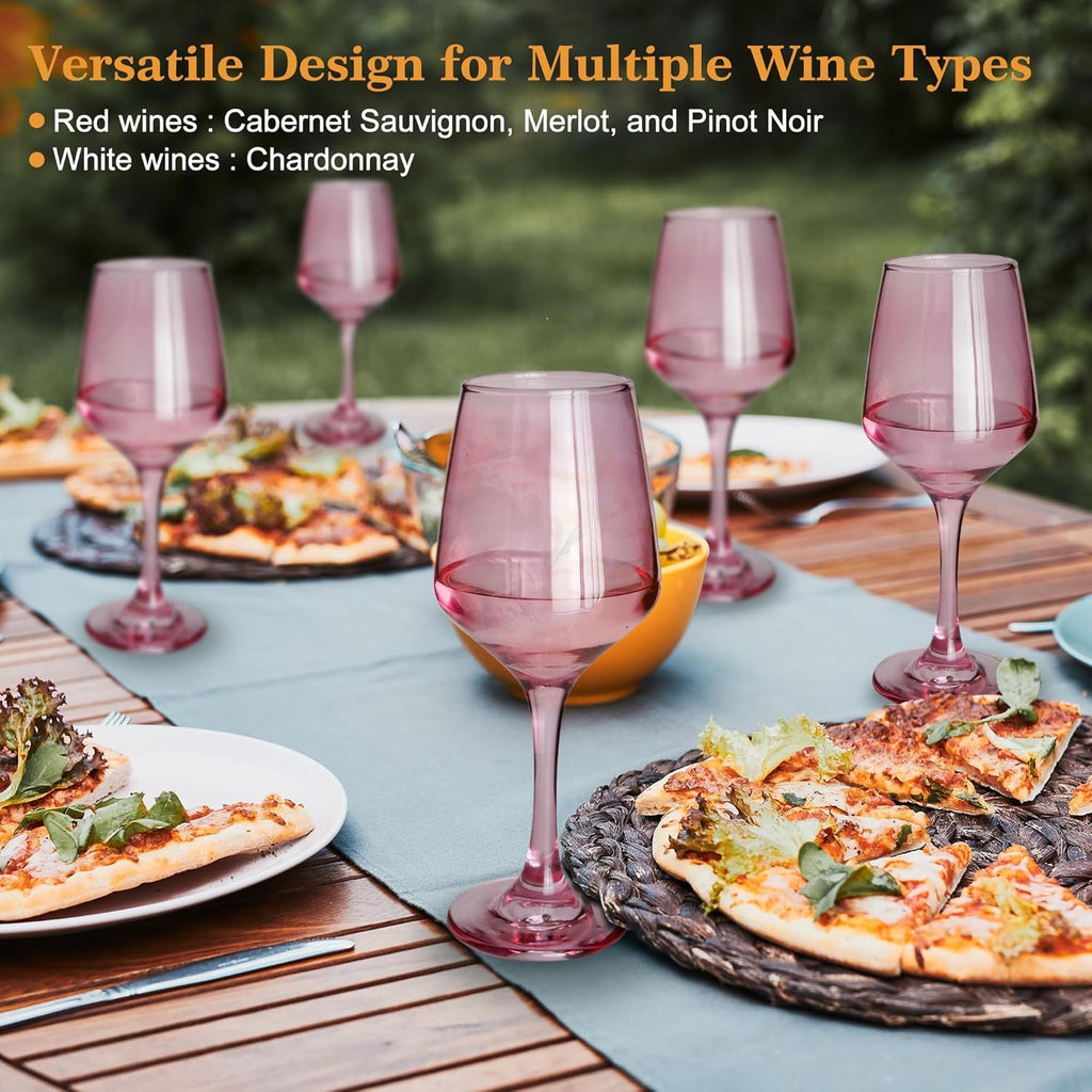 Pink Wine Glasses Set of 6, 12oz Stemmed Glasses, Thick & Colored, Dishwasher Safe Stemware for Red or White, Gift