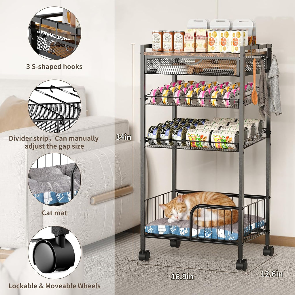 Cat Food Organizer, One-Stop Canned Food and Cat Bed Storage Mobile Rack