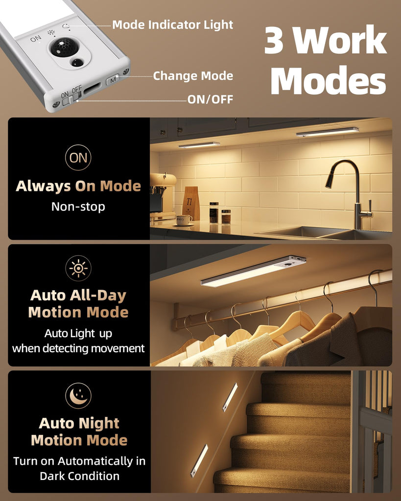 Under Cabinet Lighting with Charging Station, Rechargeable Motion Sensor Light Indoor, Dimmable Closet Lights