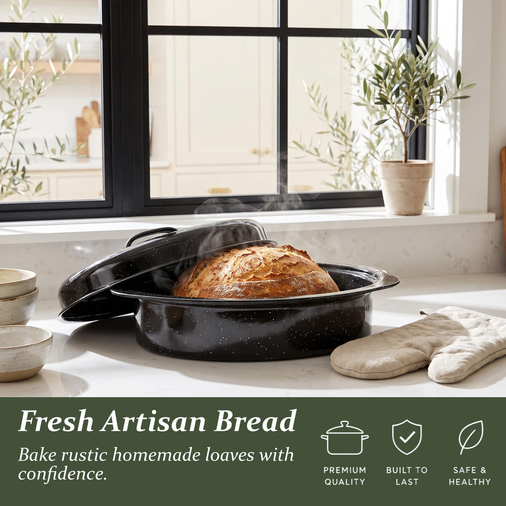 13"Enamel Roasting Pan with Lid and Rack Small Oval Roaster Pan Set, Deepen Design Deep Baking Pan for Sourdough
