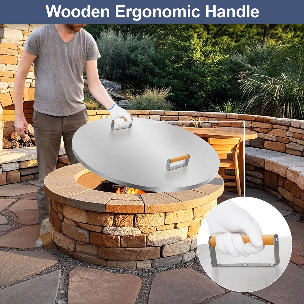 Fire Pit Lid Round 34" - Stainless Steel Firepits Cover with Wooden Handles Firepits, Rust Resistant 1.5mm Fire Pits