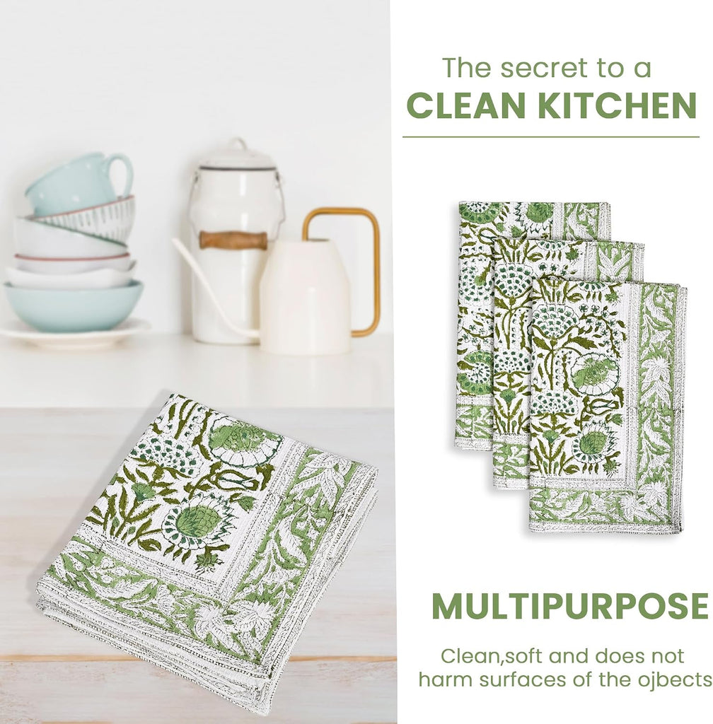 CPC Agate Green Hand Block Print Waffle Kitchen Towel Set of 3-16 x 28 Inch Ultra Absorbent Quick Dry Cotton Dish