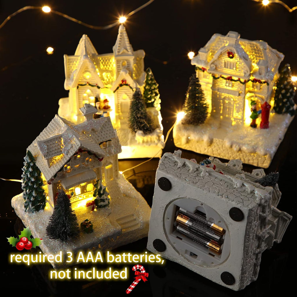 15 Pcs Christmas Village Set, 4 LED Houses 10 Trees Snow,Elegant